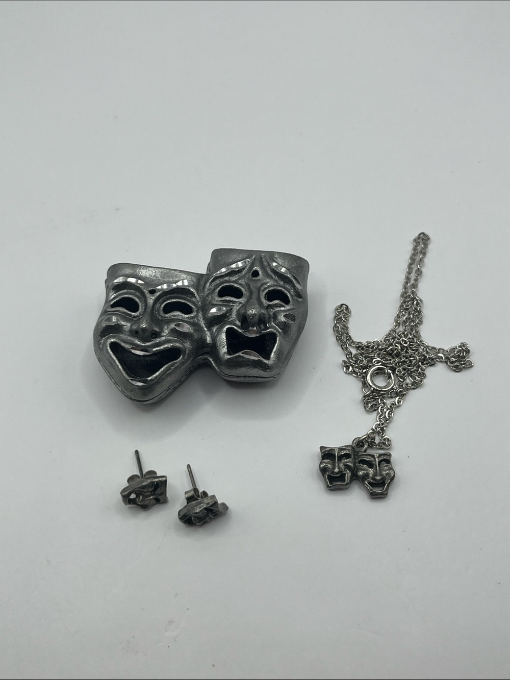 Vintage Torino Pewter Comedy Tragedy Mask 4-in-1 Brooch, Earrings & necklace